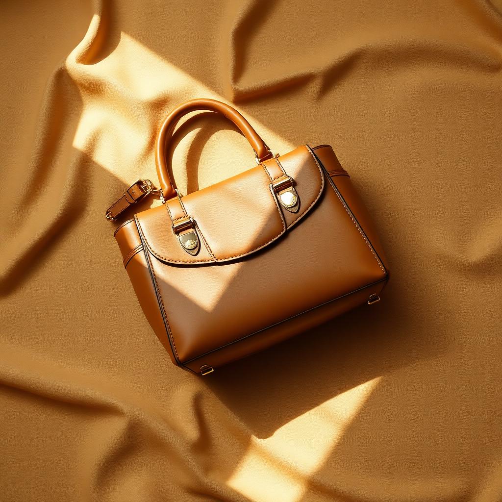 Editorial flat-lay of a tan leather designer replica handbag on beige linen