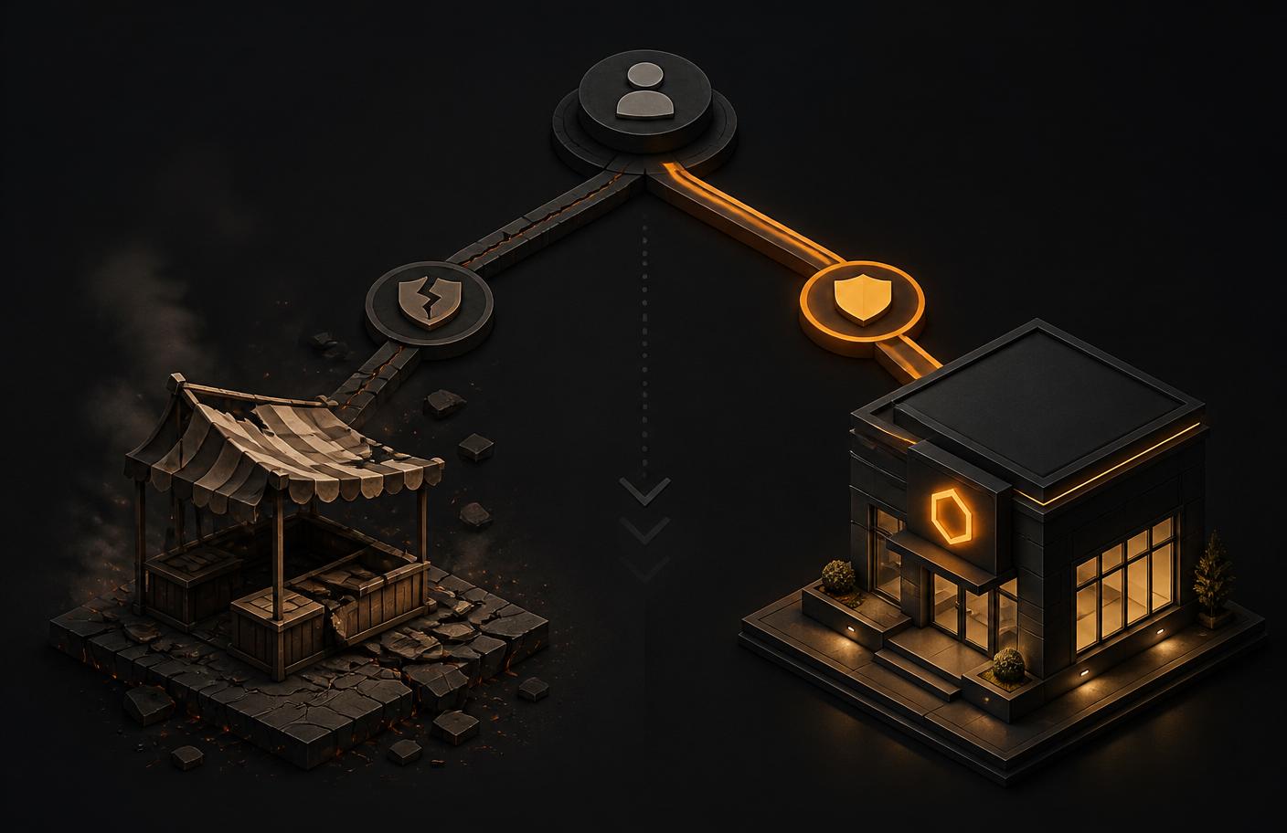 Pop-up stall crumbling next to a solid modern boutique — Shopify rep stores vs dedicated rep sites