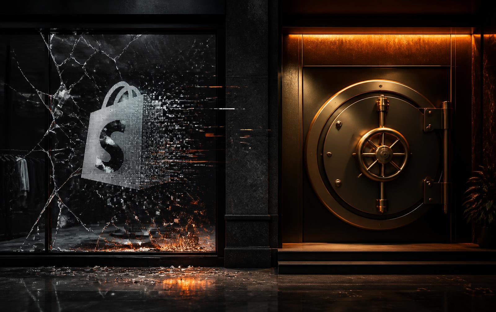 Shattered Shopify-style storefront window next to a solid vault door — a visual metaphor for temporary rep stores vs dedicated rep sites