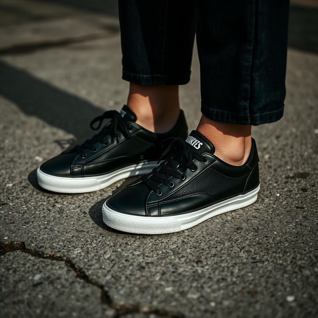 Editorial close-up of black low-top sneakers with wide-leg cropped denim on concrete