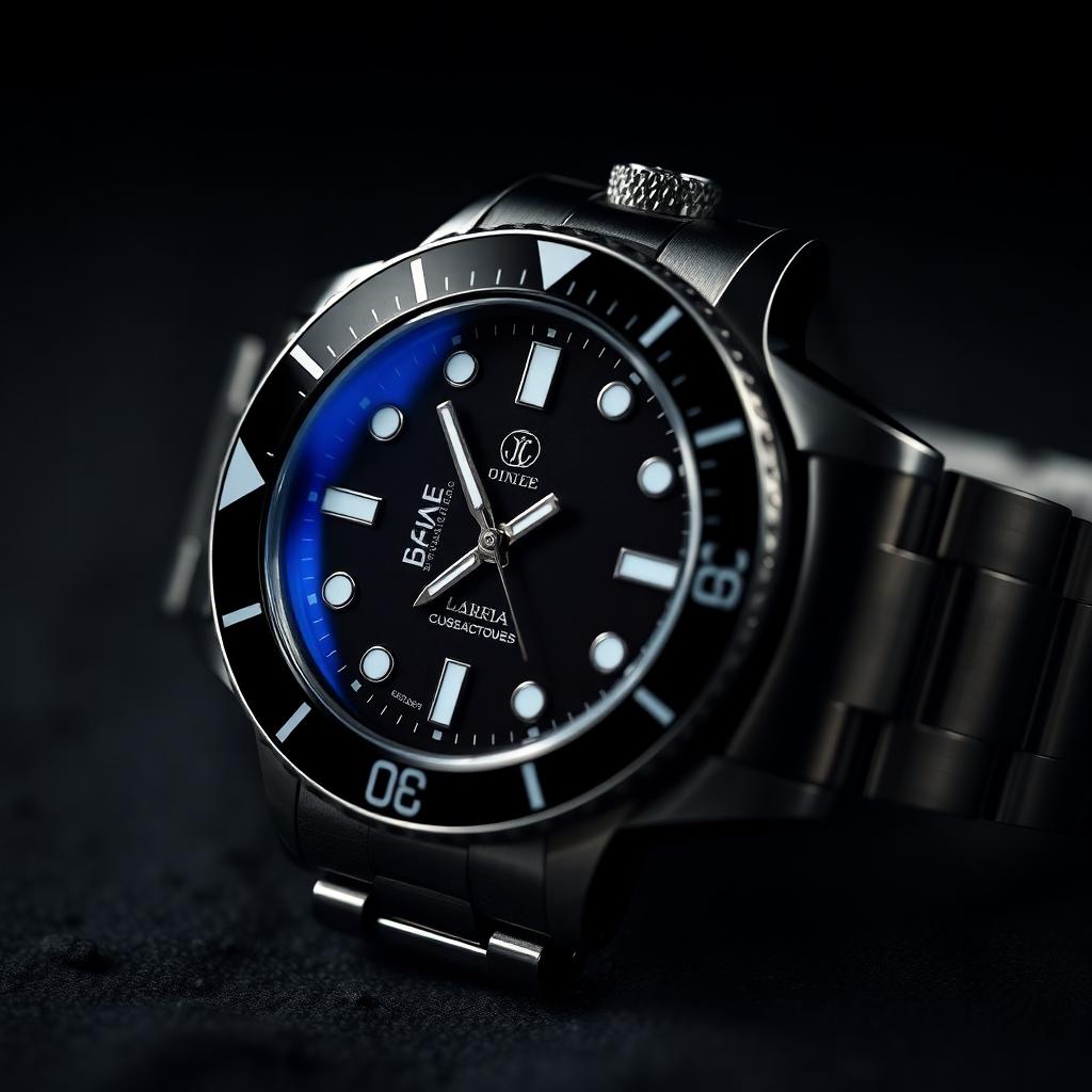 Editorial macro of a luxury dive watch with black ceramic bezel and steel bracelet