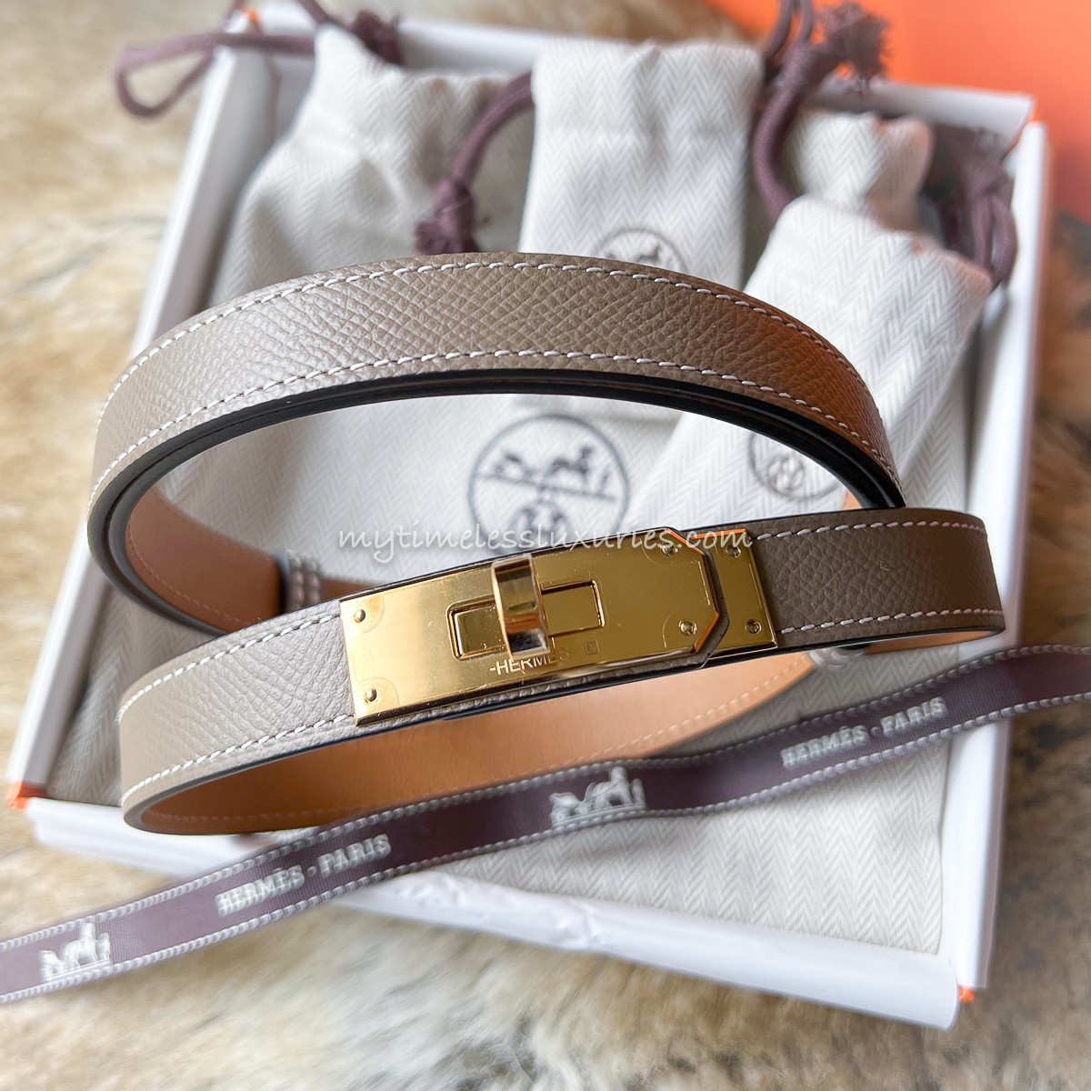 H Style Kelly-Style 32mm Belt Etoupe / Gold detail 2