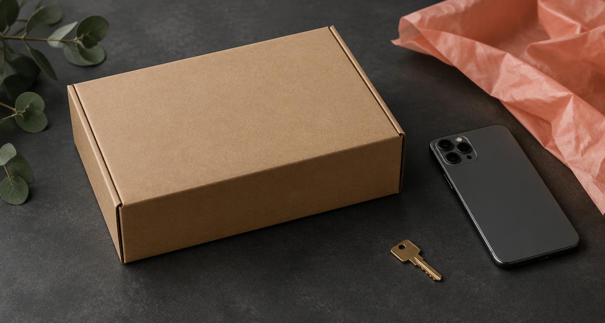A plain unbranded parcel beside a phone and key on a dark tabletop