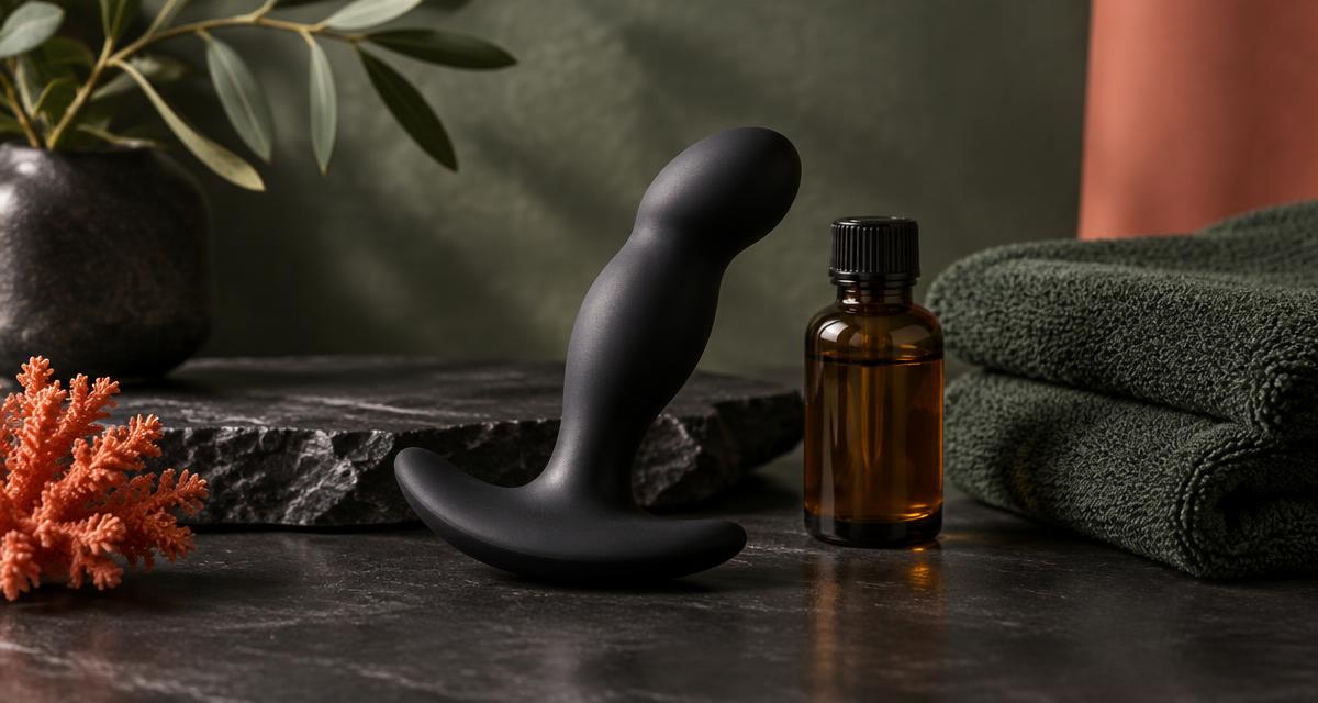 A curved prostate massager with flared base beside lubricant and folded towels