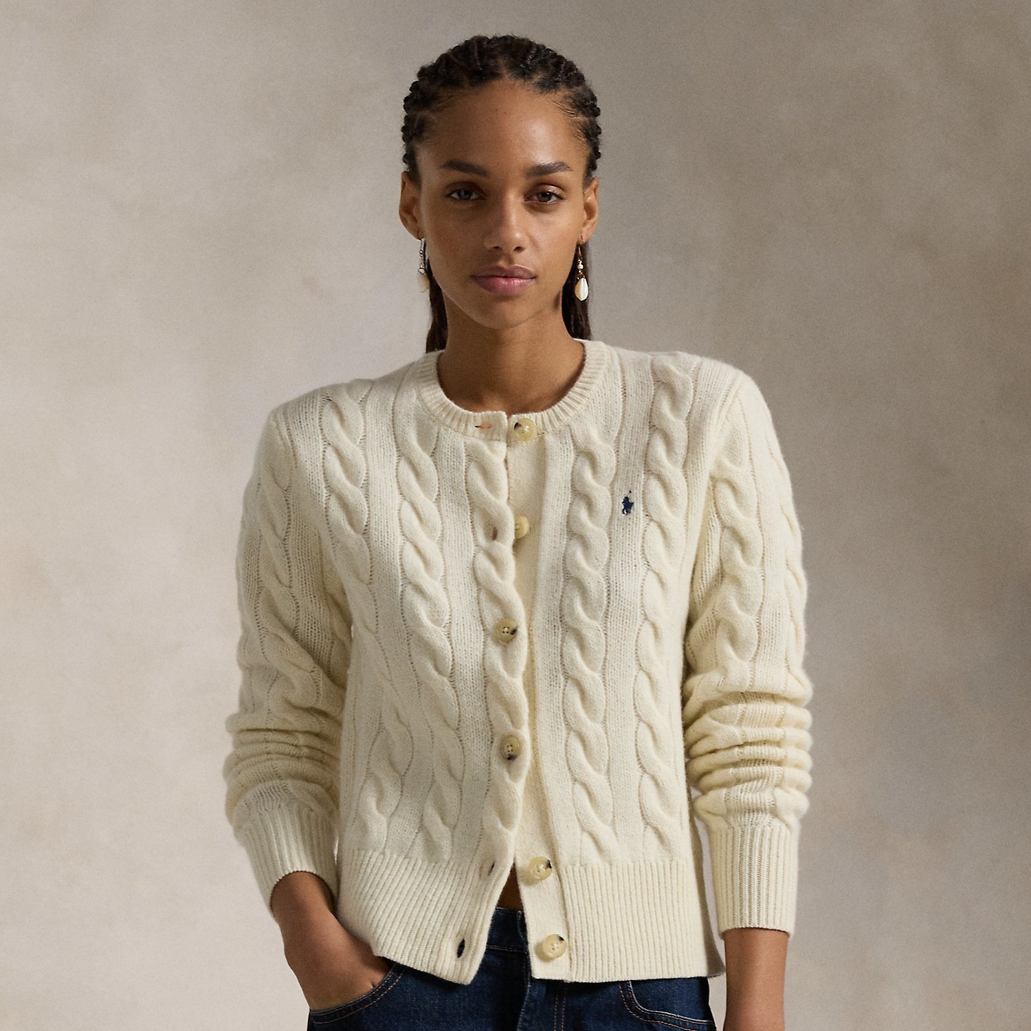 Polo Cable-Knit Sweater Cream detail 4