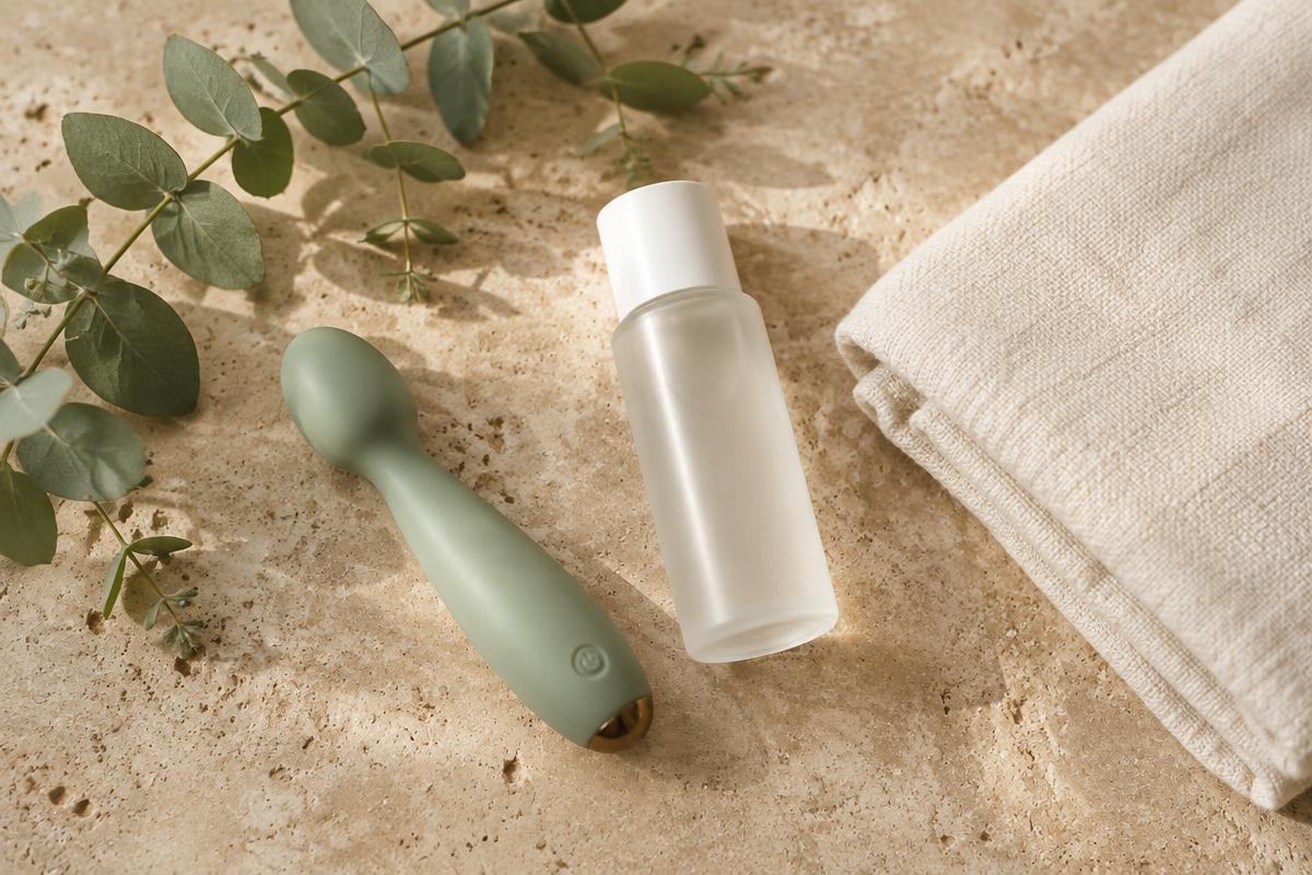 Sage silicone massager with a bottle of water-based lube on travertine