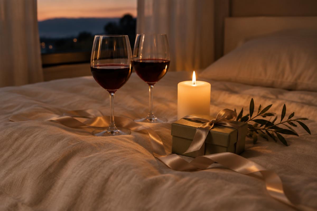 Two wine glasses, a candle and a gift box on a linen bed at dusk